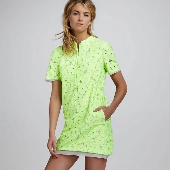 Diane Von Furstenberg Warner Flower Lace Dress Neon Green Silk Wool Mini Size 4 - Picture 14 of 15